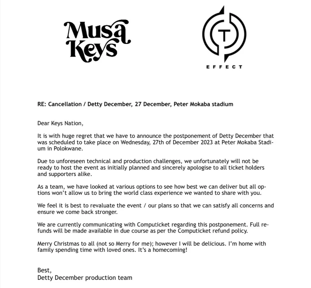 Musa Keys has canceled Polokwane's Detty December homecoming festival   